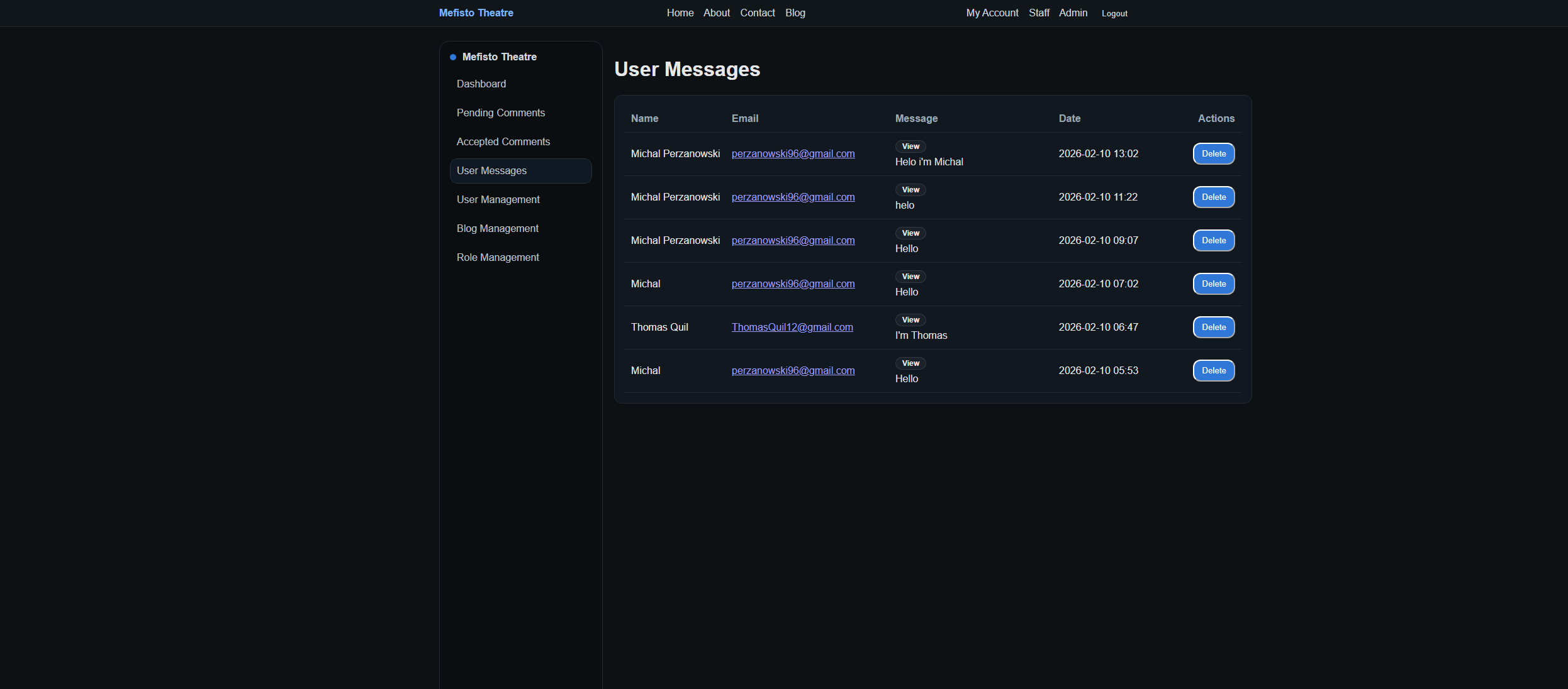 Mefisto Theatre user messages